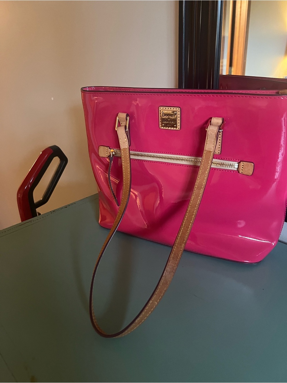 Dooney & Bourke Hot Pink Patent Satchel with Cream Trim